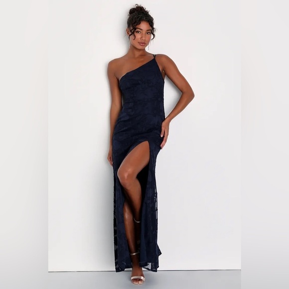Lulus Dresses & Skirts - Lulus Dreamy Perfection Navy Blue Burnout Floral One-Shoulder Dress